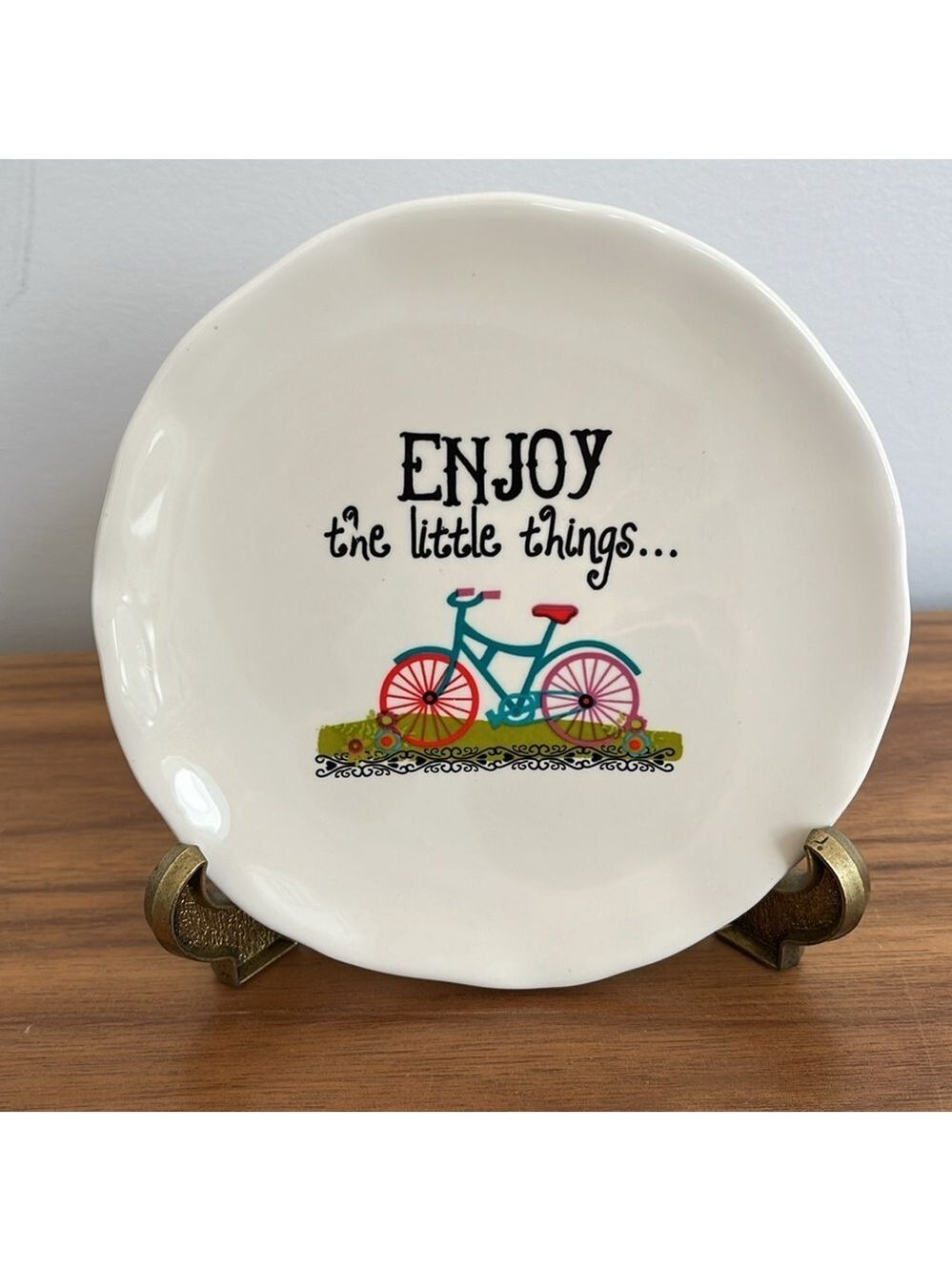 TRINKET DISH Dessert Plate Ceramic Bicycle Design "Enjoy the Little Things" Gift
